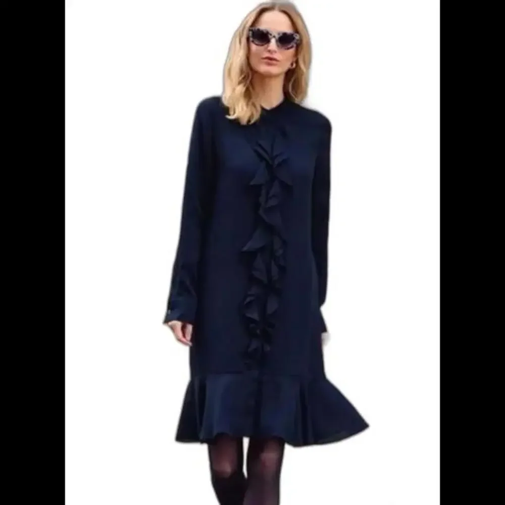 (31) Tory Burch jane ruffled crepe de chine shirt dress in navy, size 10